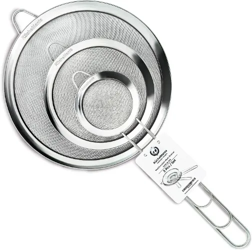 Küche Mania Stainless Steel Sieve Set - Strong, Sturdy Handles Set of 3 Sieve Mesh, 7cm, 12cm, and 18 cm Sieve Stainless Steel, Rust Free Strainers and No Sharp Edges (Set of 3) - set of 3