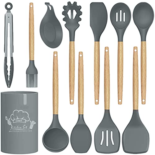 Aunly 12 Piece Set of Non-Stick Silicone Spatulas with Wooden Handles - Heat-Resistant Perfect for Cooking and Baking, Dishwasher Safe Non-Toxic Gadgets and Tools for All Your Cooking Needs