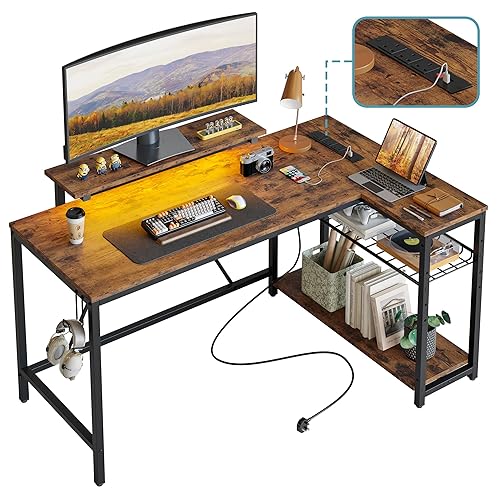 Bestier L Shaped Desk with Power Outlets & LED Lights Reversible 132CM Corner Desk with Shelves Larger PC Workstation with Hooks for Home Office Studying Desk for Bedroom - Rustic Brown - 132.5CM