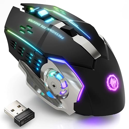 Wireless Gaming Mouse Bluetooth Mouse RGB Rechargeable 2.4G USB Cordless Computer Mice with 7 Color Backlit, 6 Buttons & Silent Click for Laptop, iPad, Mac OS, PC, Windows -Black - Black