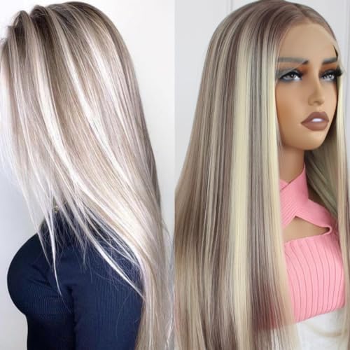 Aisom Long Straight Synthetic Wig Mixed Brown and Blonde Color Ombre Lace Front Wigs for Women Highlight Wig (22IN Straight Blonde) - 22IN Straight Blonde