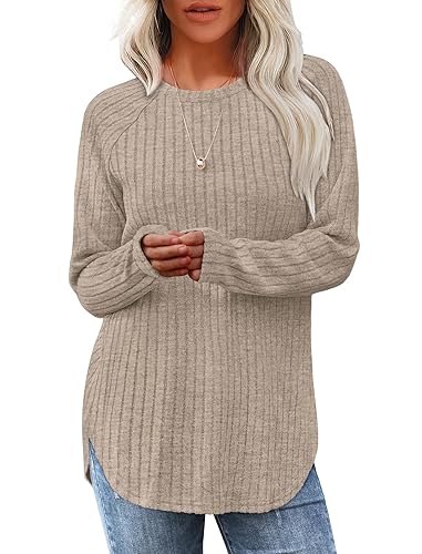 Saloogoe Long Sleeve Shirts for Women Tunic Tops for Women Loose Fit Dressy Crew Neck Pullover Basic Sweaters for Women 2024 - Yellow Khaki - X-Large