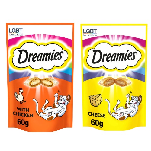 Dreamies Cat Treats Bundle - 2 Flavours - Tasty Chicken & Delicious Cheese 60g (one of each) + Dragonfly Products Cat Snacks 50g