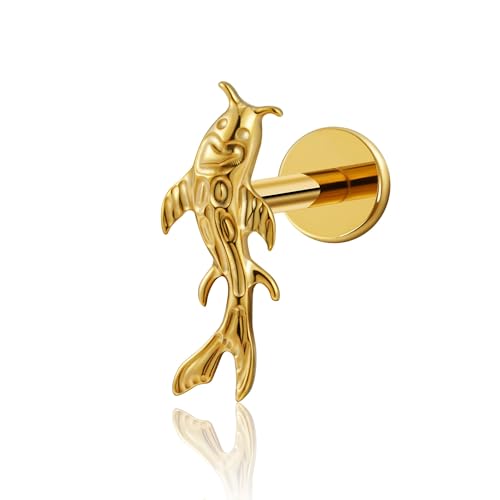 FINE4U 1PC Koi Fish Helix Conch Piercing Jewelry for Women 16G 6mm 8mm - ASTM F136 Titanium Cartilage Flat Back Earring Stud - KOI FISH - Gold