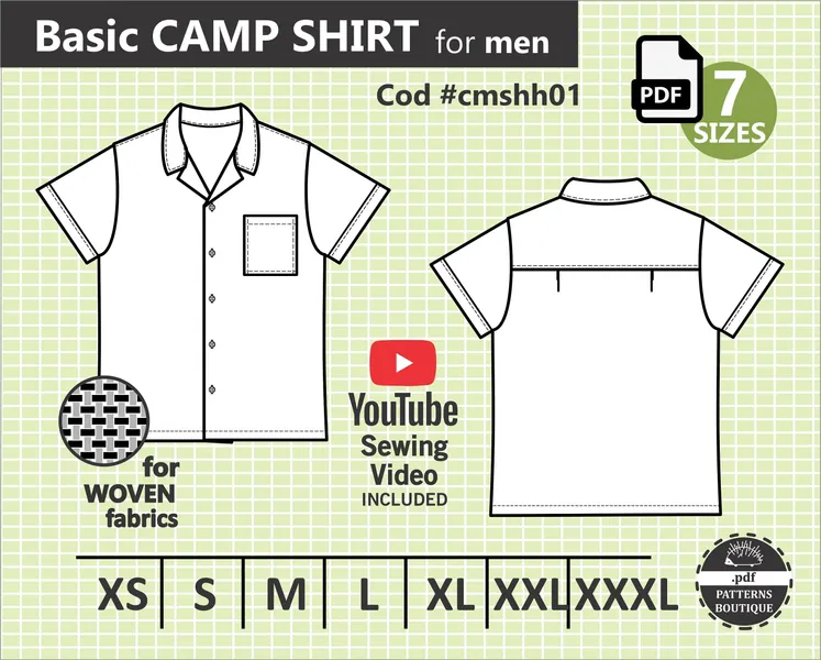 CAMP SHIRT for men - PDF Sewing Pattern & Youtube Video - Cabana Shirt / Lounge Shirt / Bowling Shirt for men. Sizes from Xs to Xxxl 