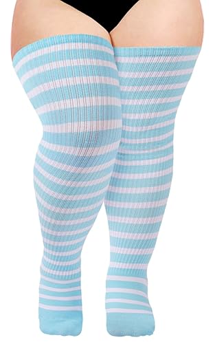 Moon Wood Plus Size Thigh High Socks for Women Knit Cotton Extra Long Halloween Over the Knee High Socks Leg Warmers - Blue & White