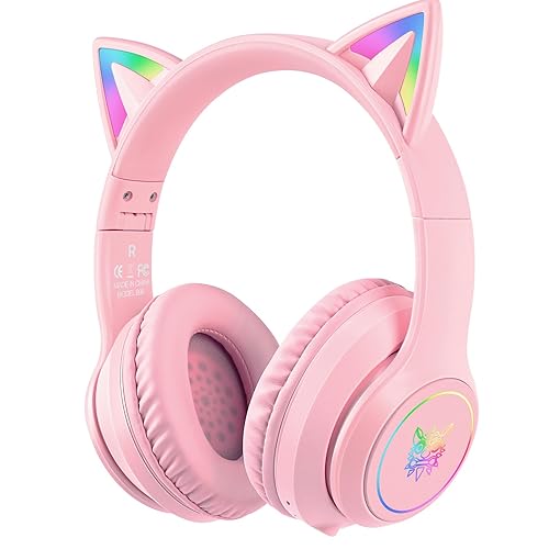 Cat Ear Bluetooth Headphones for Kids & Adults, 55H Play Time, Wireless Foldable & Wired Multi-Function LED Light Up Over Ear Headphones with Mic and Volume Control for iPhone/iPad/Laptop/PC - 105dB for 12+