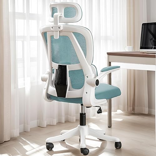 XUEGW Ergonomic Office Chair Comfort Home Desk Chair Adjustable High Back Mesh Chair Lumbar Support Computer Chair with Flip-up Arms for Work, Study, Gaming （Blue） - Blue - Classic