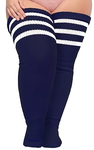 Plus Size Womens Thigh High Socks for Thick Thighs- Extra Long Striped Thick Over the Knee Socks- Leg Warmer Boot Socks - Navy & White