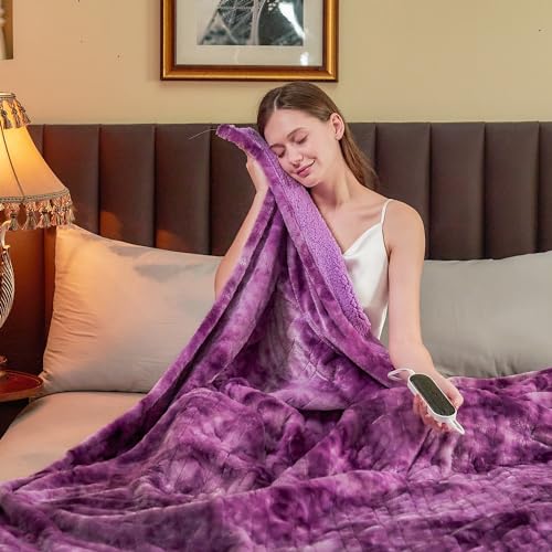 IFNOW Heated Blanket Electric Heating Throw Blanket with 10 Heating Levels，5 Auto Shut Off, Heated Electric Heating Machine Washable Fast Heating Electric Throw, 50" x 62",Purple - Purple - Throw