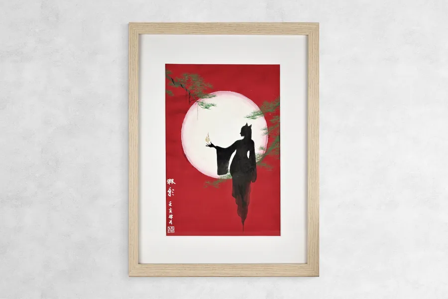 Peinture renard yaoguai kitsune aquarelle encre fait main artiste peintre avec certificat d&#39;authenticité