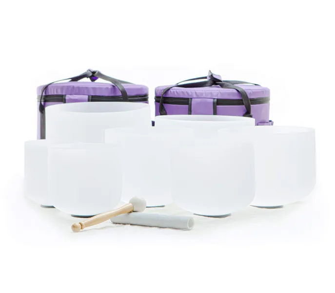 Leize 6-12 inch Chakra Tuned 432hz Set of 7 Quartz Crystal Singing Bowls with Heavy Duty Carrying Cases and Singing Bowl Mallet Suede Strikers - Set of 7 size, 6-12", A-G Note 432 hz white