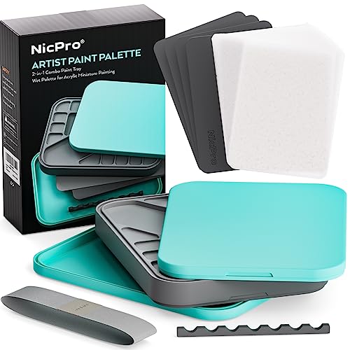 Nicpro Stay Wet Palette for Acrylic Miniature Painting Kit, Paint Tray Palettes with 100PCS Pallet Paper, 4PCS Sponge, Brush Holder Paint Mixing Storage for Warhammer 40K Model Paint, DIY Craft Class - Grey,white