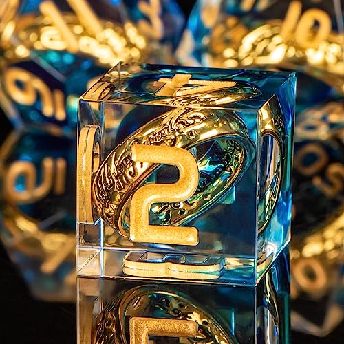 OUKELANWO Resin Sharp Edge Lord of The Rings DND Dice, 7 Piece Polyhedral Dungeons and Dragons Dice Set D&D with Box, RPG Role Playing D and D LOTR Magic Dice D20 D12 D10 D8 D6 D4 - Blue
