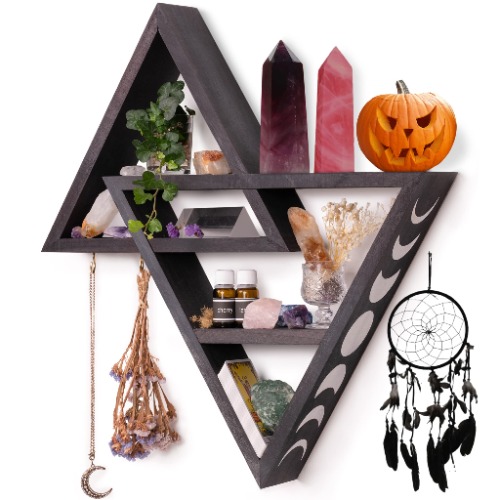 TheHomeNudge Moon Shelf with Dream Catchers - Large 20.4" Crystal Display Shelf, Triangle Shelf Crystal Holder, Crystal Shelf, Witchy Room Decor, Gothic Decor Shelves for Crystals and Healing Stones