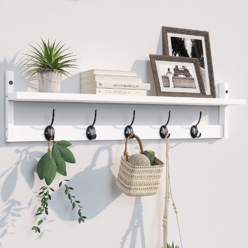 BAMEOS Wall Hooks with Shelf 28.9 Inch Length Entryway Wall Hanging Shelf Wood Coat Hooks for Wall with Shelf Wall-Mounted Coat Hook Rack with 5 Dual Hooks for Bathroom, Living Room, Bedroom （White