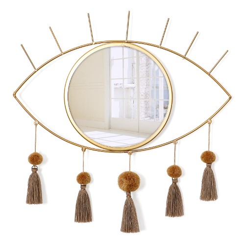 KHOYIME Evil Eye Wall Mirror Decorative Gold Mirrors Metal Mirror with Tassels Great Wall Art for Bathroom Bedroom Living Room