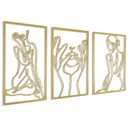 Gold Wall Art Decor for Living Room Bedroom Minimalist Modern Abstract Line Wall Home Decor Real Thicker Metal Large Room Decor Wall Sculptures for Home Hanging, Gold Wall Decor Set 3 packs(Gold Women+Face+Back)