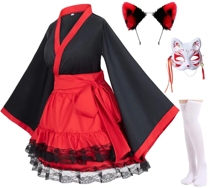 Elibelle Japanese anime red and white kimono fox cosplay costume with socks