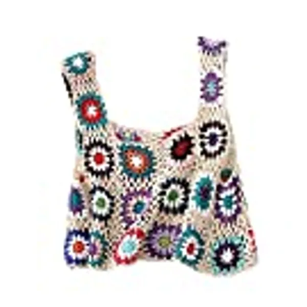 Women's Summer Crochet Tank Top Colorful Floral Embroidery Knit Vest Tops Boho Camisole Beachwear