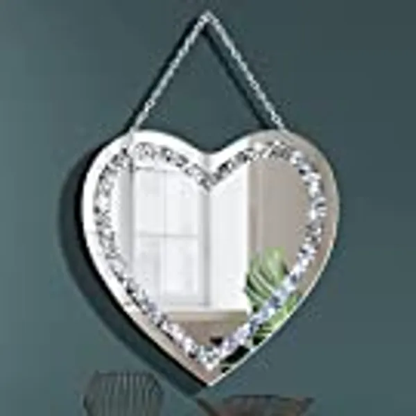 DMDFIRST Crystal Crush Diamond Heart Shaped Silver Mirror with Silver Stainless Steel Chain for Wall Decoration 12x12x0.5 inch Wall Hang Frameless Mirror Glass Diamond Decor Glam Mirror