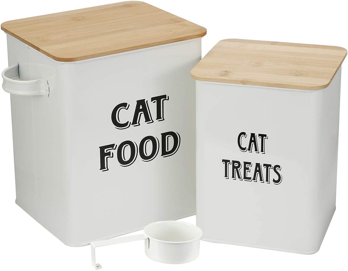 Cat Food and Treats Containers Set with Scoop for Cats or Dogs --Tight Fitting Wood Lids - Coated Carbon Steel - Storage Canister Tins-Cat-White - Cat Food White