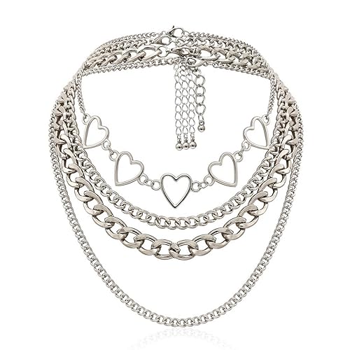 Gdeaack Punk Layered Choker Necklace Gothic Silver Heart Necklaces Set Vintage Short Choker Cuban Rave Neck Jewelry for Girls