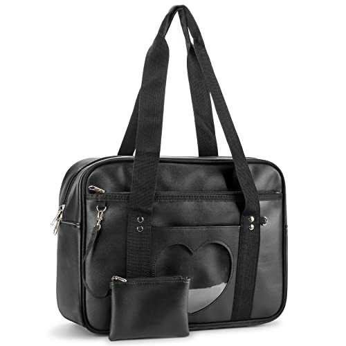 STEAMEDBUN Kawaii Ita Bag Japanese School Bag Cute Tote Bag Large Shoulder Anime Heart Purse - Pu Black