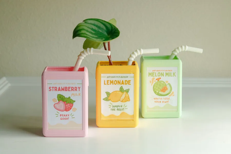 Small Juice Box Planter - 3D Printed Plastic - Pastel Kawaii Drink Flowerpot with Cute Straw