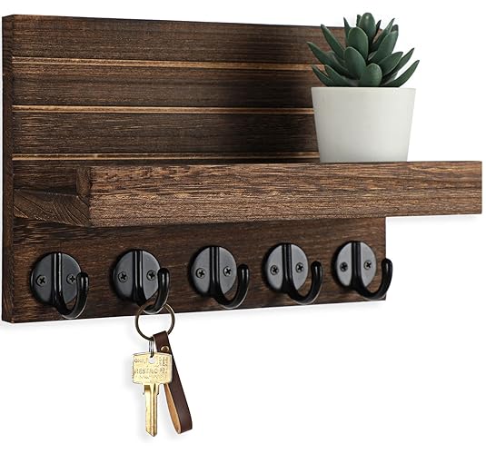 Lwenki Key Holder for Wall, Decorative Key and Mail Holder with Shelf Has Large Key Hooks for Bags, Coats – Paulownia Wood Key Hanger with Mounting Hardware (9.8”W x 6.7”H x 4.2”D) (Brown) - Brown