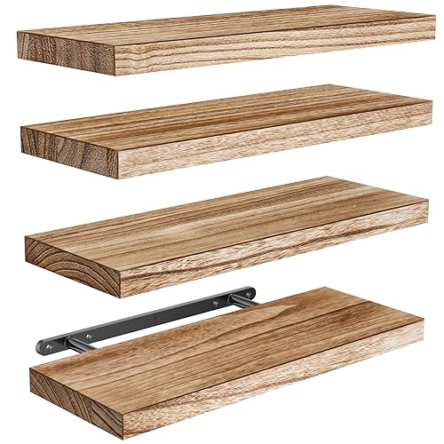 AMADA HOMEFURNISHING Floating Shelves, Paulownia Wood Wall Shelves for Bathroom/Living Room/Bedroom/Kitchen/Home Office, Wood Floating Shelf for Home Storage & Organization Set of 4 15.7" L x 5.9" W - Light Brown