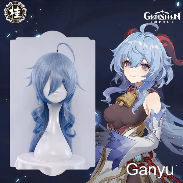 Uwowo Genshin Impact Cosplay Ganyu Plenilune Gaze Cosplay Wig 90cm Blue Wavy Hair