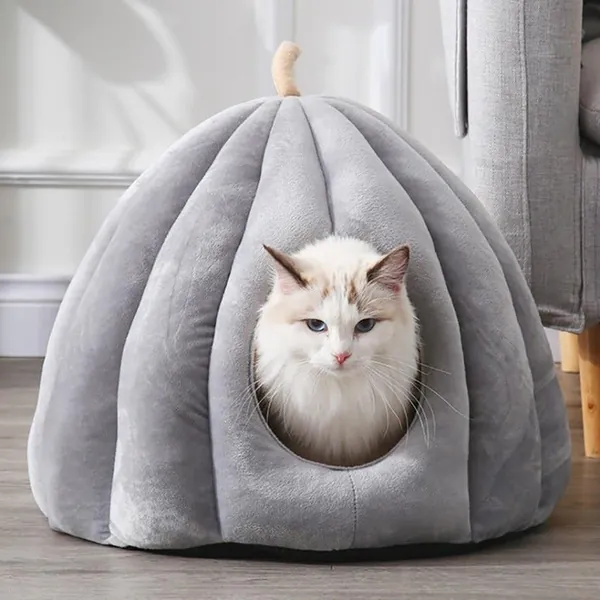 Pumpkin Cat Cave with Removable Cat Bed Cushion by Estilo Living - Gray / Medium: 40cm(D)  x 35cm(H) / 15.75"(D) x 13.78"(H)
