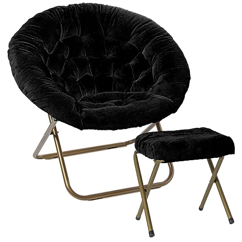 Milliard Cozy Chair with Footrest Ottoman/Faux Fur Saucer Chair for Bedroom/X-Large (Black) - Black + Footrest