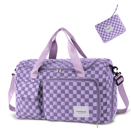 WOOMADA Foldable Travel Duffel Bag with Shoes Compartment, Overnight Bag with Wet Pocket & Trolley Sleeve, Weekender Bags for Women (violet checkerboard) - violet checkerboard
