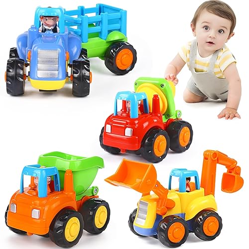 ORWINE Inertia Toy Early Educational Toddler Baby Toy Friction Powered Cars Push and Go Cars Tractor Bulldozer Dumper Cement Mixer Engineering Vehicles Toys for Children Boys Girls Kids Gift 4PCS - bright colour
