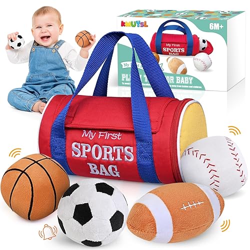 KMUYSL Baby Toys 0-12 Months, My First Sports Bag Plush Toy - 4 Sensory Balls Soft Toys with Crinkle, Rattles for 0-3-6-9-12 Month Newborn Infant, 1st Birthday for Babies Boys Girls Age 1+ - My First Sport Bag