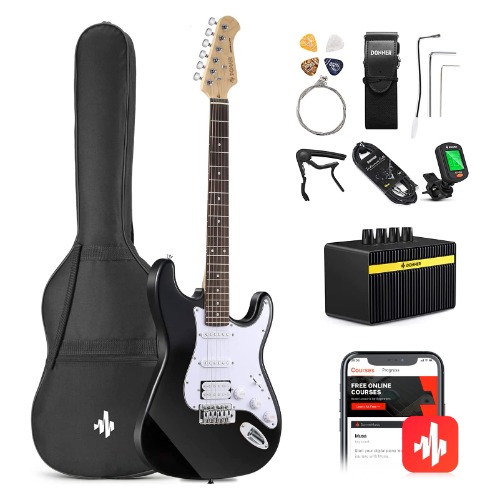 Donner DST-100B 39 Inch Electric Guitar Beginner Kit Solid Body Full Size Black HSS for Starter, with Amplifier, Bag, Digital Tuner, Capo, Strap, String,Cable, Picks - 39" Right Handed Black