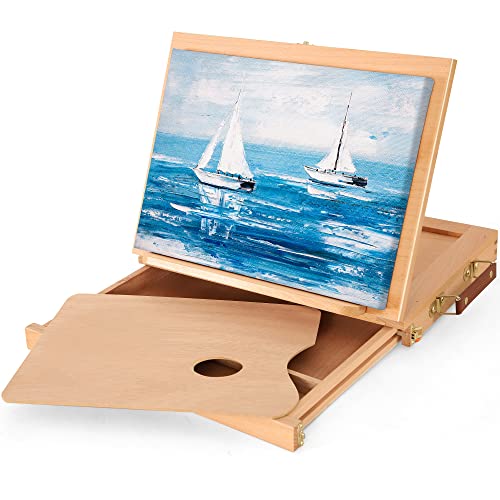 VISWIN 10"W x 13"L Tabletop Easel with Drawer and Palette, Adjustable Table Sketch Box, Solid Beech Wood Painting Box for Beginners, Students, Accommodates Canvases, Panels or Books - With 1 drawer & wood palette
