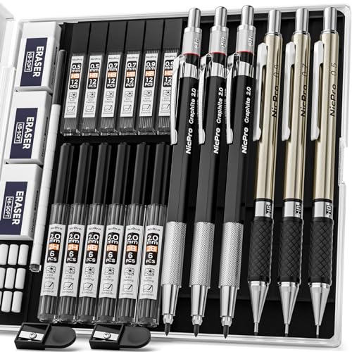 Nicpro 6PCS Art Mechanical Pencils Set, 3 PCS Metal Drafting Pencil 0.5 mm & 0.7 mm & 0.9 mm & 3 PCS 2mm Graphite Lead Holder (2B HB 2H) For Writing, Sketching Drawing With 12 Tube Lead Refills Case - Silver