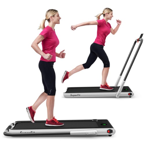 GYMAX Folding Treadmill, 2 in 1 Under Desk Electric Running Machine with Bluetooth & LED Screen, Portable Walking Machine for Home, Office, Gym - Silver