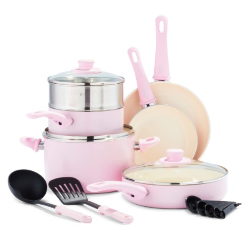 GreenLife Soft Grip Healthy Ceramic Nonstick 12 Piece Cookware Pots and Pans Set, PFAS-Free, Dishwasher Safe, Pink - 12 Piece Cookware Set Pink