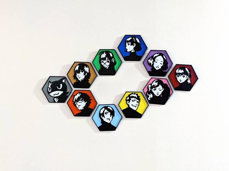Persona 5 wall art - hexagon decal display character profiles Akechi, Kasumi, Joker, Morgana, Ann, Yusuke, Haru, Makoto, Futaba, Ryuji