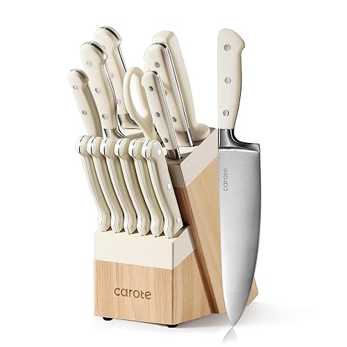 CAROTE 14 Pieces Knife Set with Block, Cream