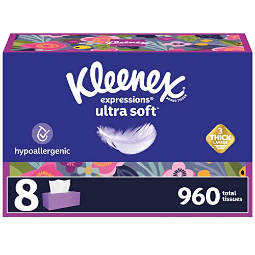 Kleenex Expressions Ultra Soft Facial Tissues, 8 Flat Boxes, 120 Tissues per Box, 3-Ply - White - 120 Count (Pack of 8)