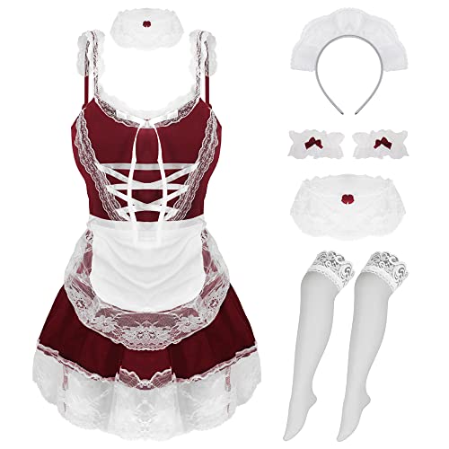 paloli Maid Cosplay Costume For Women, Classic Japanese Anime Dress With Lace Apron And Stocking Set. - Red - 2XL-3XL