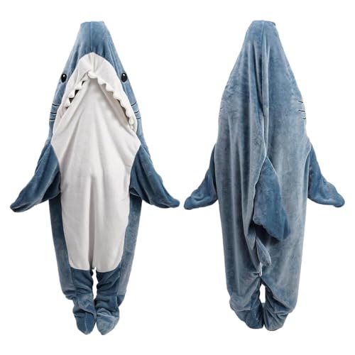 Gudina Shark Blanket Hoodie Adult, Wearable Shark Blanket Adult, Shark Sleeping Bag, Soft Cosy Warm Flannel Hoodie, Shark Blanket Onesie - Blue and White - L: For Height 156-168 cm