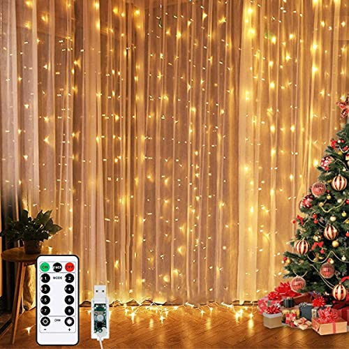Unihoh Curtain Lights, Fairy Lights for Bedroom, 300 LEDs Warm White Twinkle Lights W/ 8 Modes USB Powered, Icicle String Lights W/ Remote & Timer for Indoor Xmas Party Patio Decoration(9.8 x 9.8 Ft) - Warm White