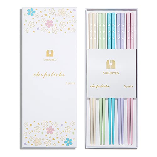 SUPJOYES Reusable Chopsticks, 5 Pairs Fiberglass Chopsticks, Multicolors Dishwasher Safe Chop Sticks, 9 1/2 Inch - Colorful Pony (5 Pairs)