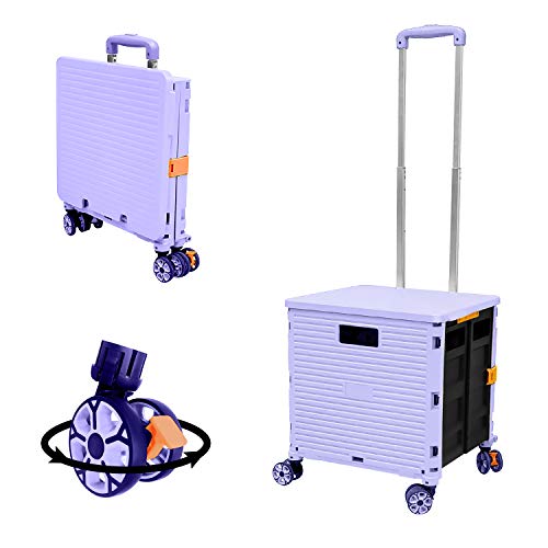 Foldable Utility Cart Folding Portable Rolling Crate Handcart with Durable Heavy Duty Plastic Telescoping Handle Collapsible 4 Rotate Wheels for Travel Shopping Moving Luggage Office Use (Purple) - Purple
